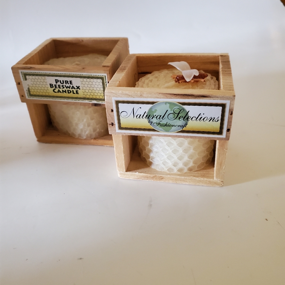 2 Natural Selections 100% Beeswax Candles in Mini Crates w Tiny Bee Cottagecore
